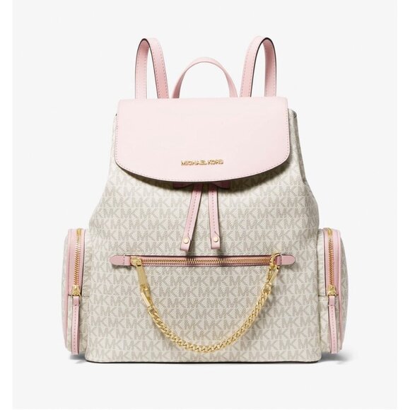 Michael Kors backpack jet set MK logo large chain backpack powder blush multi